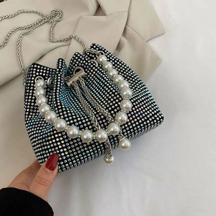 Shining Crystal Small Bucket Bags Women Fashion Diamonds Chain Crossbody Bag Lady Evening Party Clutch String Handbags