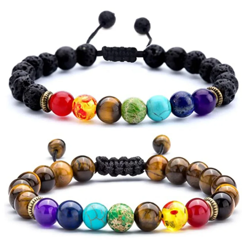 Men Women 8mm Lava Rock 7 Chakras Aromatherapy Essential Oil Diffuser Bracelet Braided Rope Natural Stone Yoga Beads Bracelet