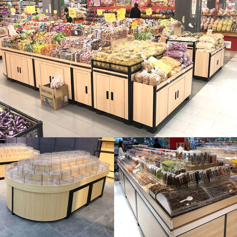 Meicheng Wholesale Commercial Snack Display Stand Wood Bulk Food Displays Customized Nuts Grains Racks Candy Rack Display