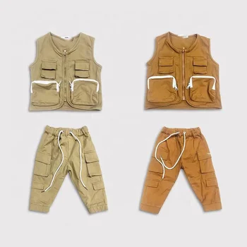 Sport Jogger Two Piece Sets Sleeveless Vest Jacket Loose Multi-pocket Cargo Casual Cotton Pants Toddlers Clothes Set for Boys