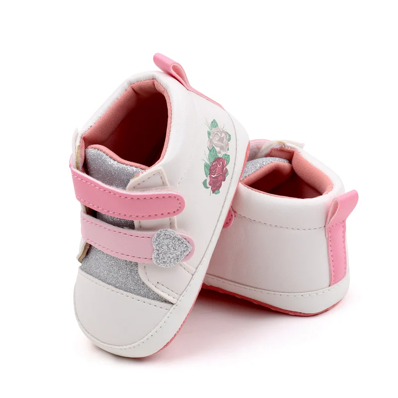 Glitter Heart Baby Girls Rose Print Pattern Different Colors Double Hook and Loop High Top Casual Shoes supplier