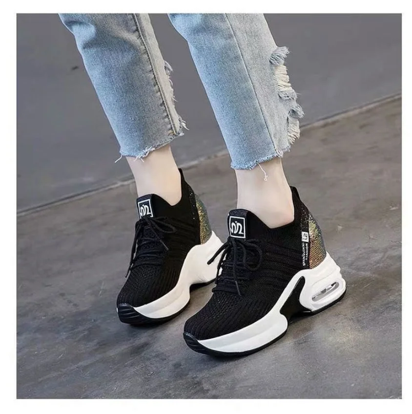 Women's Sneakers Spring Sequined Casual Shoes Women Platform Heels Wedges Height Increasing  Knitted Ladies Vulcanized Shoes