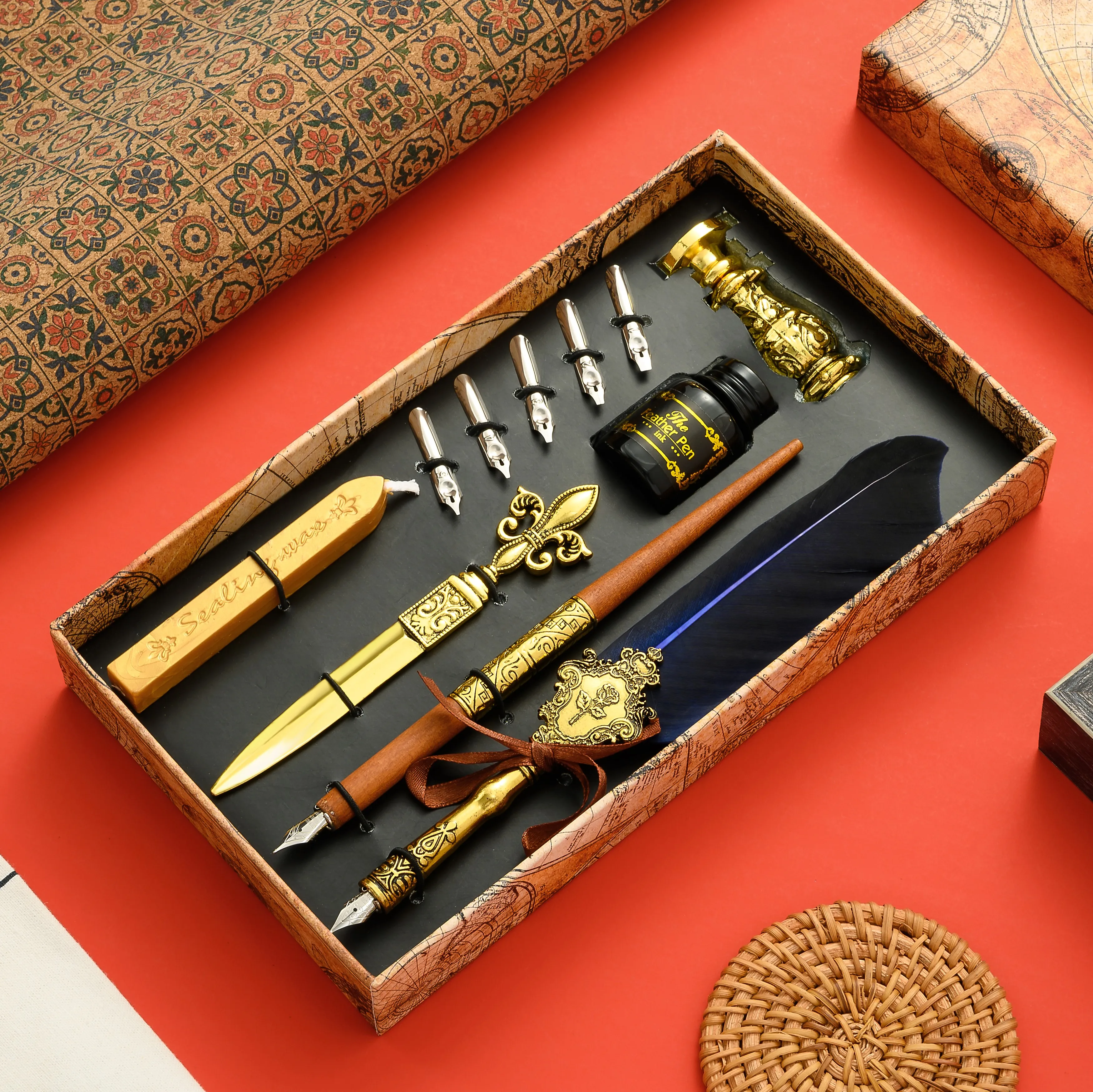 New arrival retro calligraphy pen vintage feather fountain pen gift set with seal wax stamp