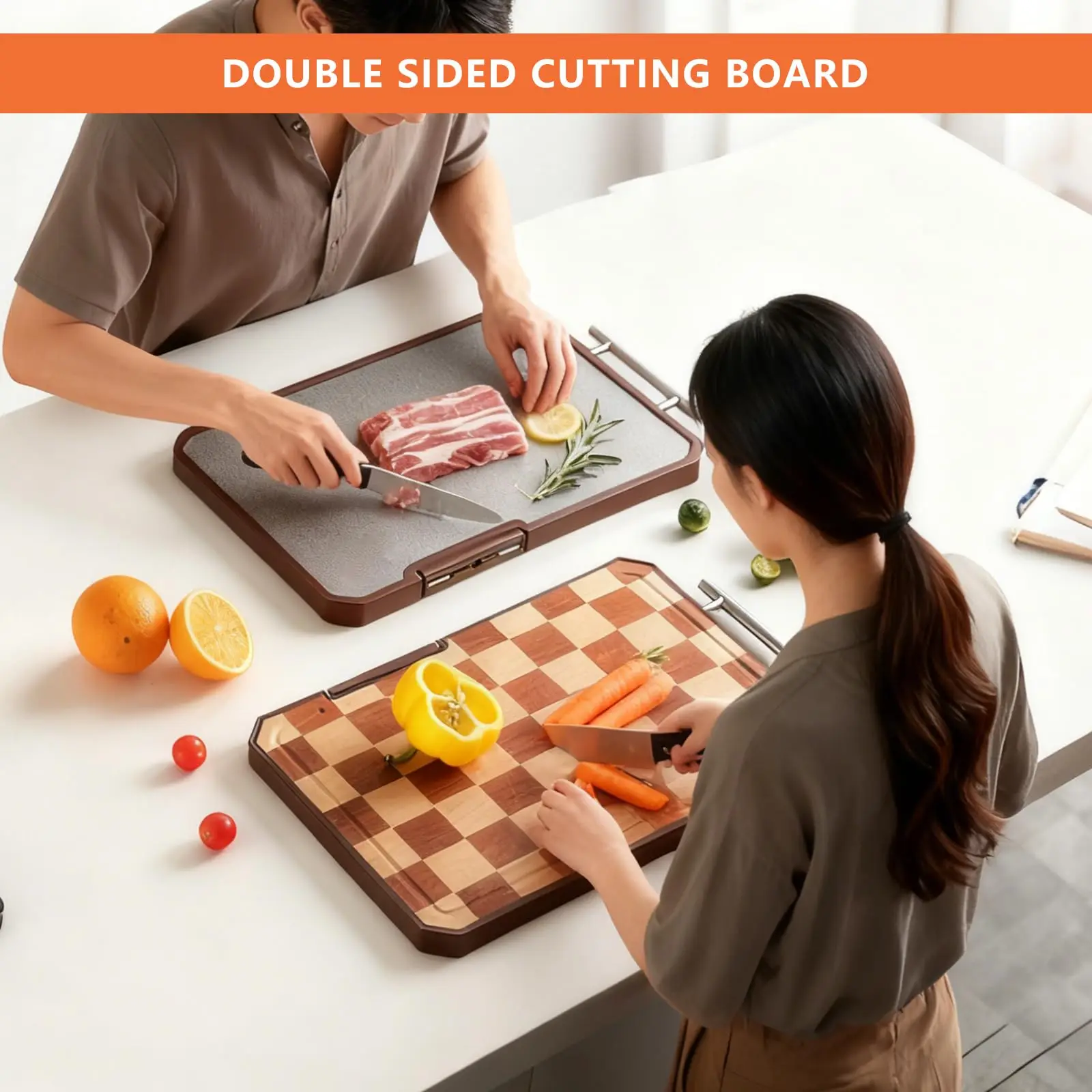 product custom wood cutting board with stand sharpener handle reversible grid pattern kitchen chopping block-3