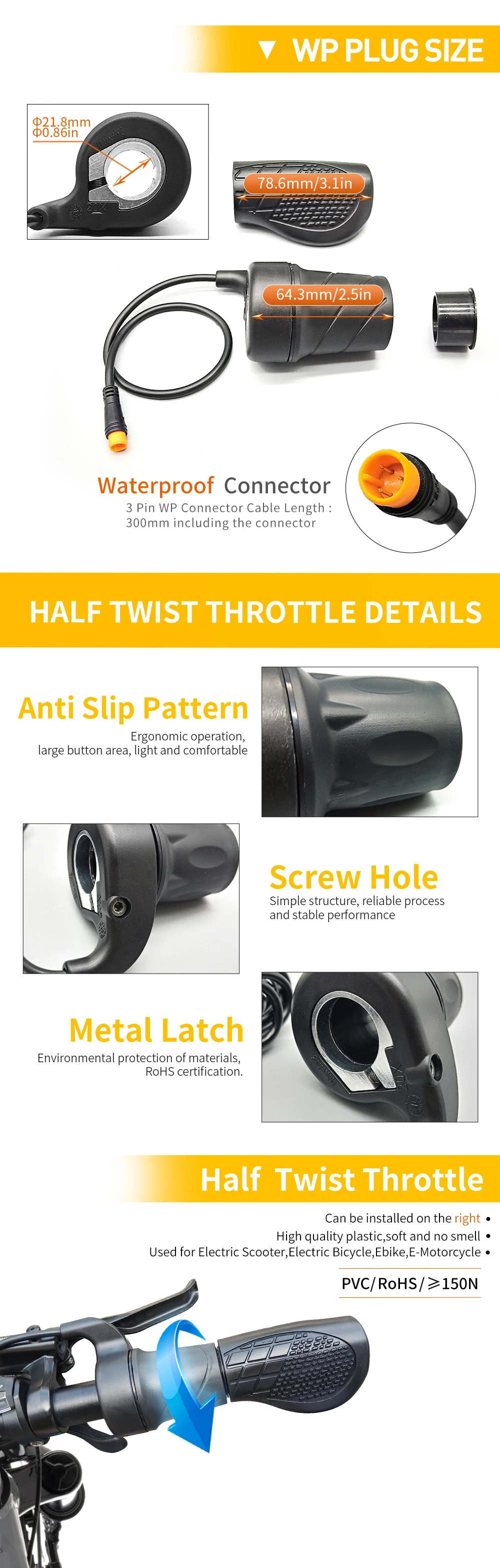 20X Half Twist Throttle Electric Bicycle Right Handle Throttle Waterproof SM Connector for E Bikes or Electric Scooter