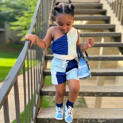 Toddler girl summer outfits 2022 new fashion casual color matching sleeveless one-shoulder vest shorts bikers children wears