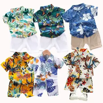New Summer Children Wear Floral Print Short Sleeve Shirt Collar Tops Shorts 2Pcs Suit Kids Boys Clothes Sets