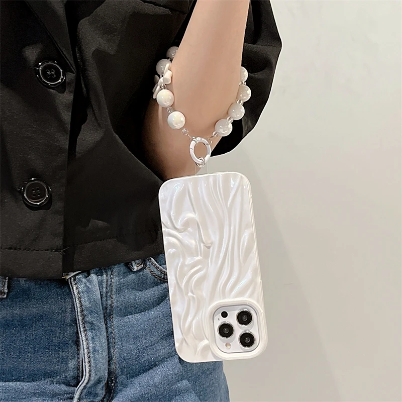 New Design Shiny Pearl White Hand Strap Pleated Girl Women Style Phone Case for iPhone