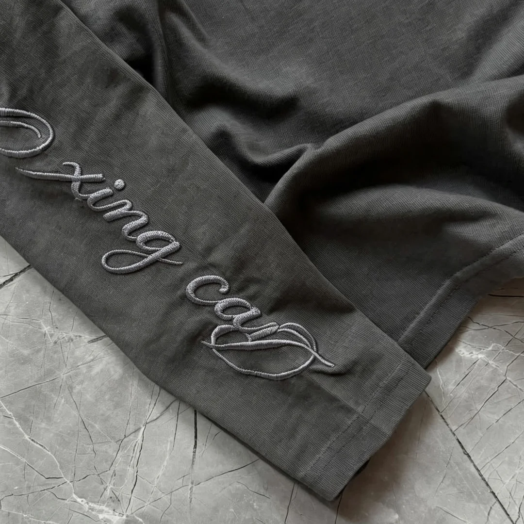 product custom heavyweight cotton double layer long sleeve tee men vintage wash 3d embroidery loose streetwear top-5