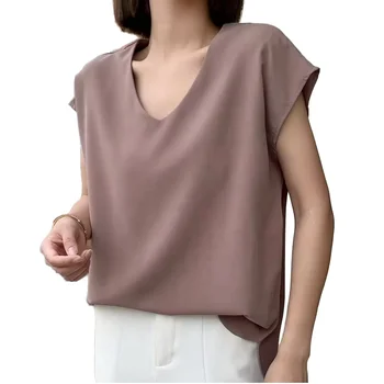 2024 Women's Loose Burgundy Chiffon Sleeveless Shirt Fashionable New Summer Design