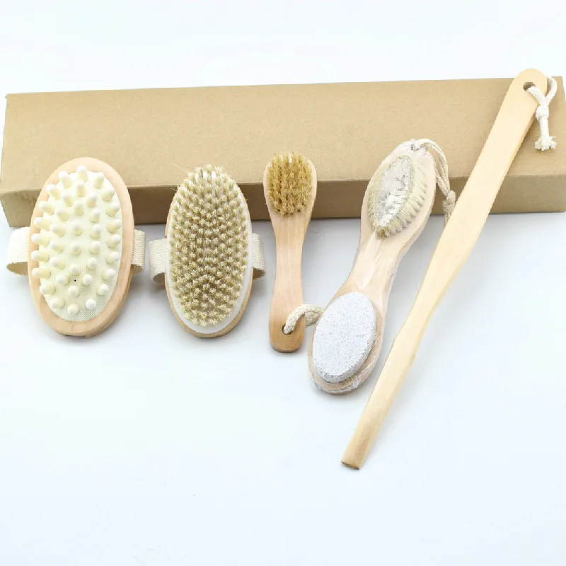 6 PCS bath body cleaning set adult bathroom accessories natural wood body brush bath brush spa gift bath set