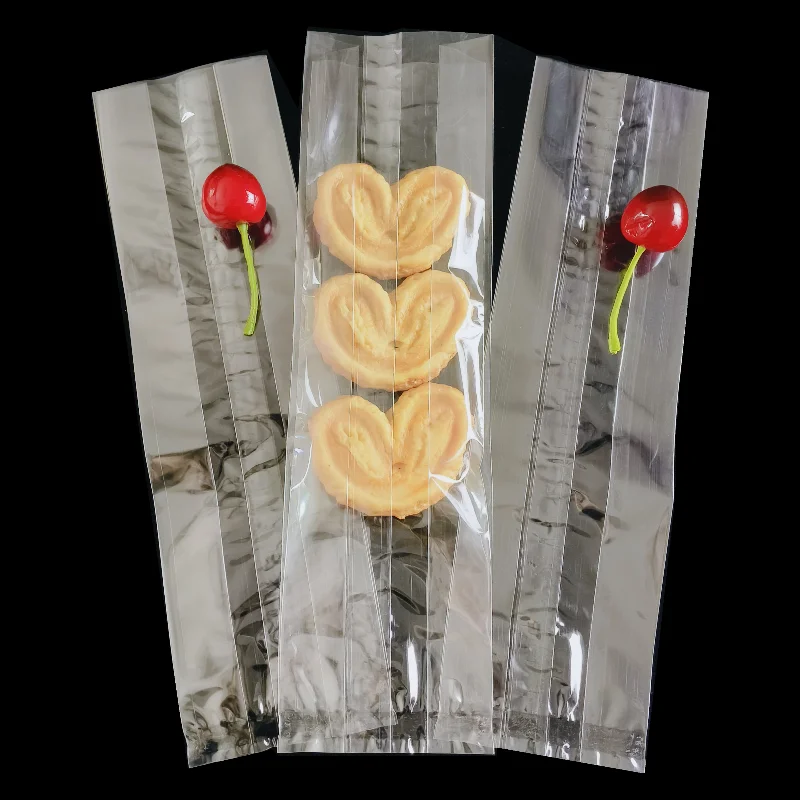 Customized Design And Size OPP Cellophane Transparent Middle Sealed Plastic Bag With Side Gusset Food Packing Bag With Gold Ties