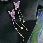Earrings 925 Silver Women Crystal Diamond Sparkling Tassel Long Purple Butterfly Earrings 925 Silver Earrings
