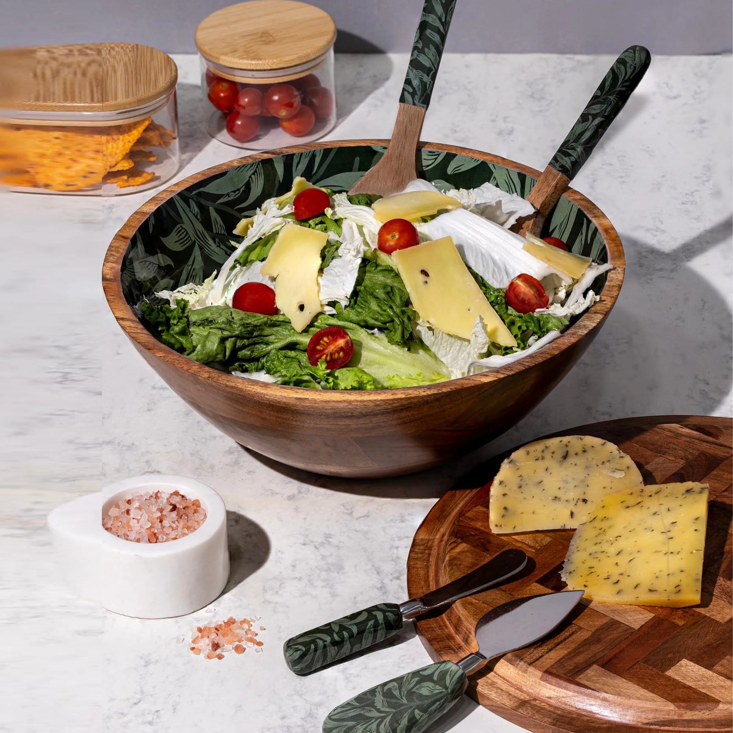 product acacia wood salad bowl set with utensils enamel printed salad spatula and cheese knife serving bowl with lid for kitchen party-3