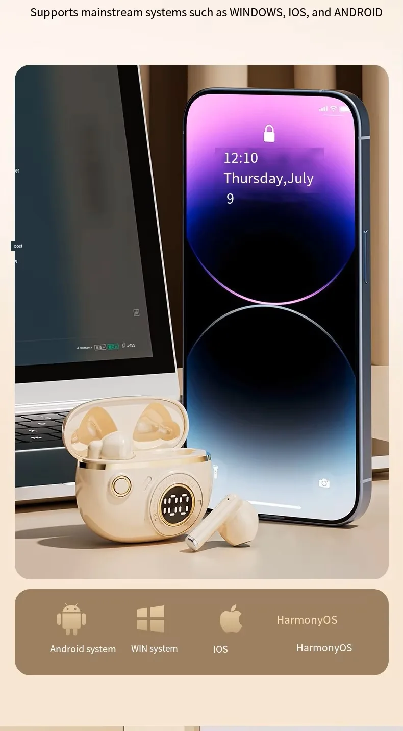 New Retro Digital In-Ear for Wireless Earphones Touch Low Latency AI Noise Reduction Long Non-Noise Cancelling TWS Headphones