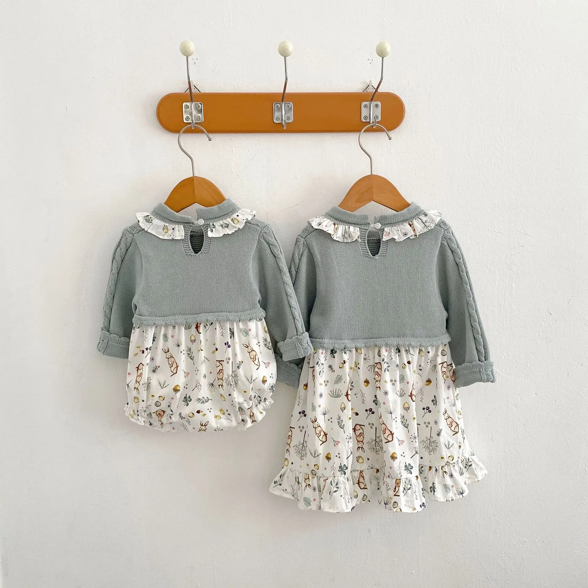 Engepapa Autumn Sisters Knitted Patchwork Printed Infant Romper Dress Fashion Baby Girl Clothes