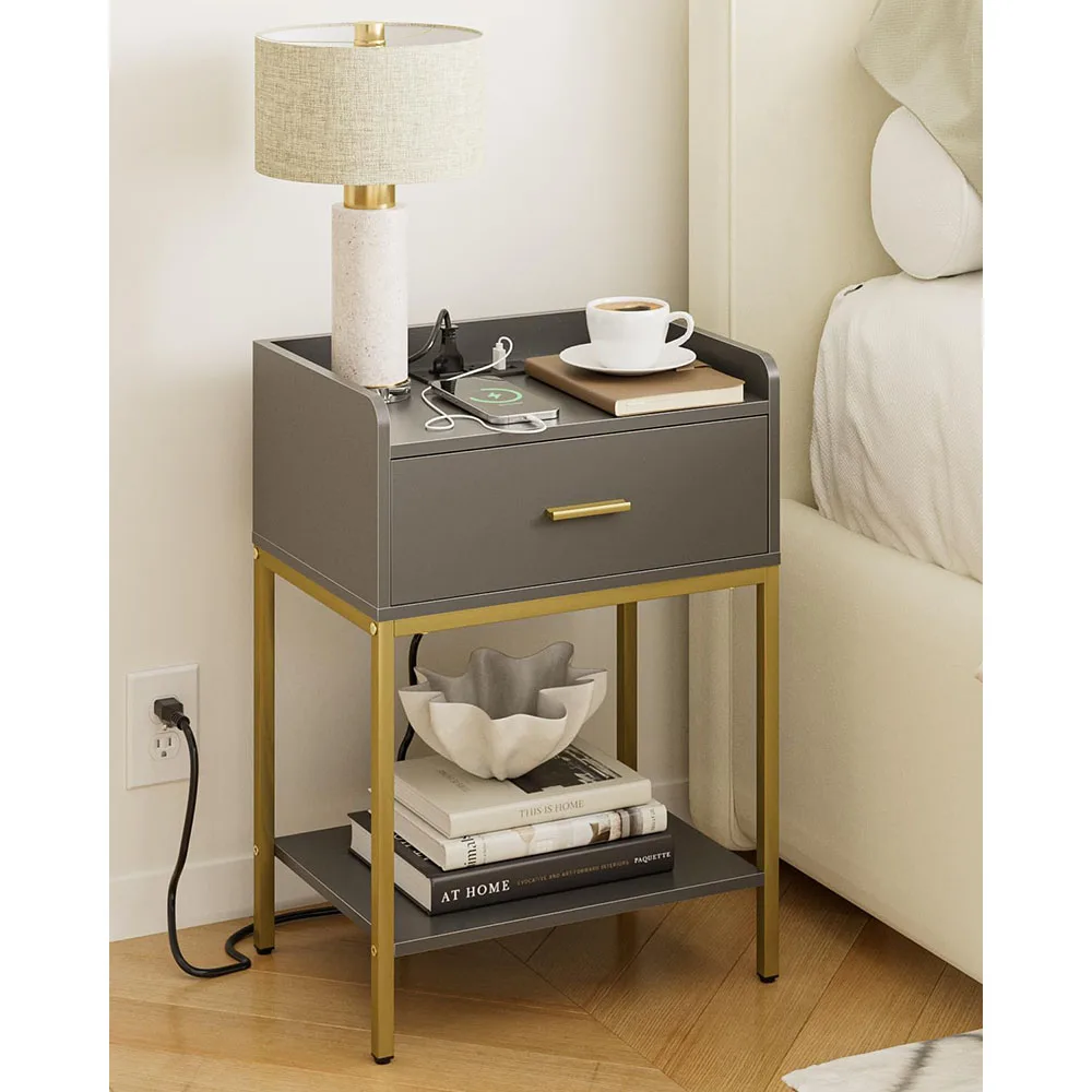 Modern Wood Nightstand Charging Station 3-Tier Storage Drawer Shelf for Bedroom & Living Room Grey factory