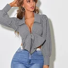 Ladies Top Custom Ladies Long Sleeves Tie Front Check Crop Top