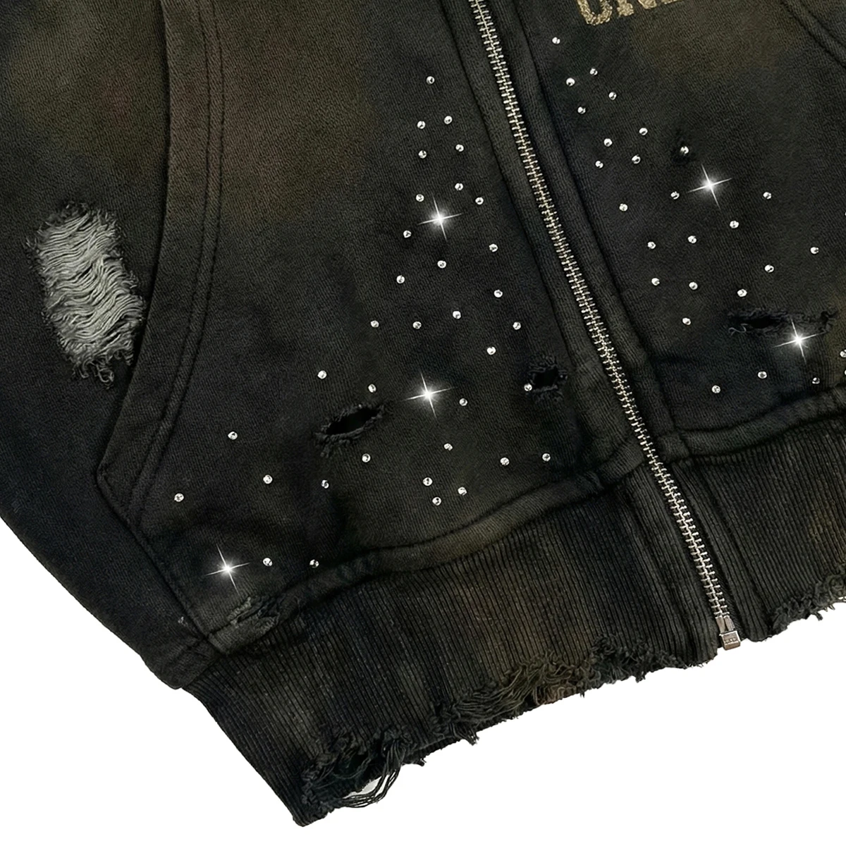 product mens hoodies tracksuit custom logo 100 cotton black distressed oversized acid wash print 500gsm rhinestone hoodie for man-8