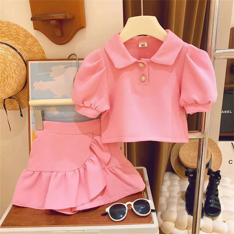 2023 Summer Casual Girls Clothing Sets Puff Sleeves Tops + Skirts Two Pcs Suit TZ71066