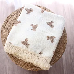 Newborn Blanket Cotton Printed Bear Infant Gauze Blanket Swaddling Blanket Soft Baby Tassel