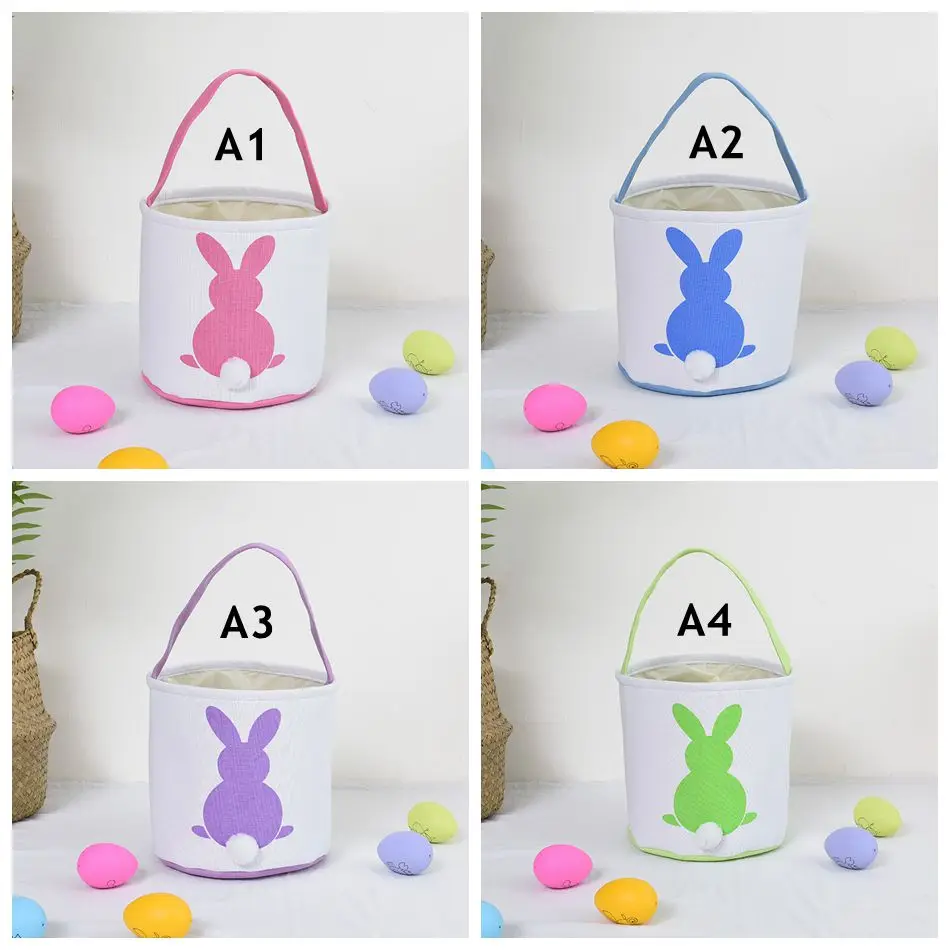 O231 Rabbit Tail Cartoon Animal Holiday Printed Canvas Carry Candy Eggs Bag Sequin Bunny Easter Basket