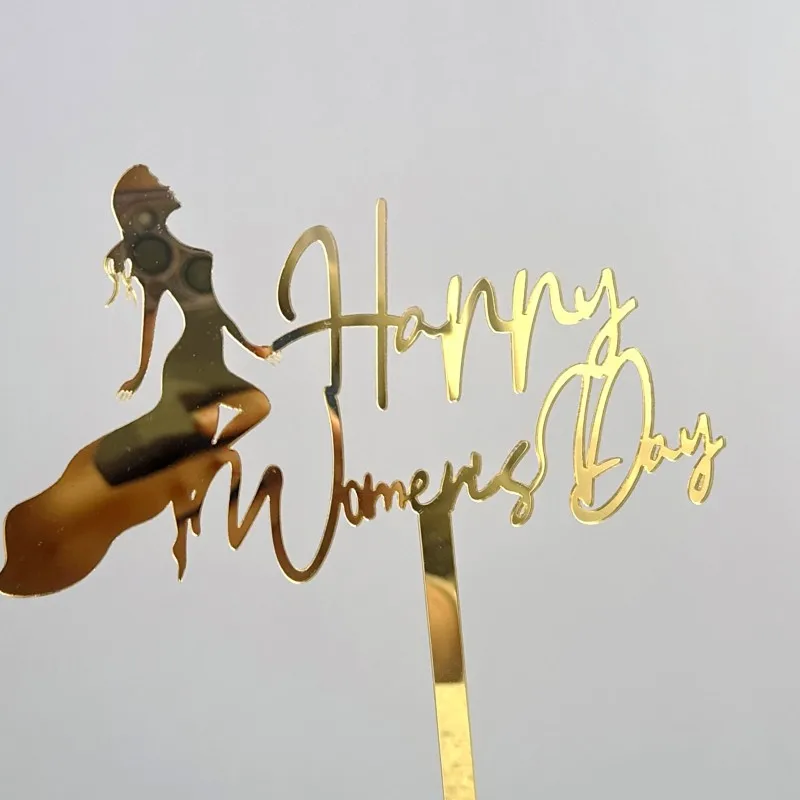 Hot selling happy women's day cake decoration gold acrylic cupcake topper for mother's day