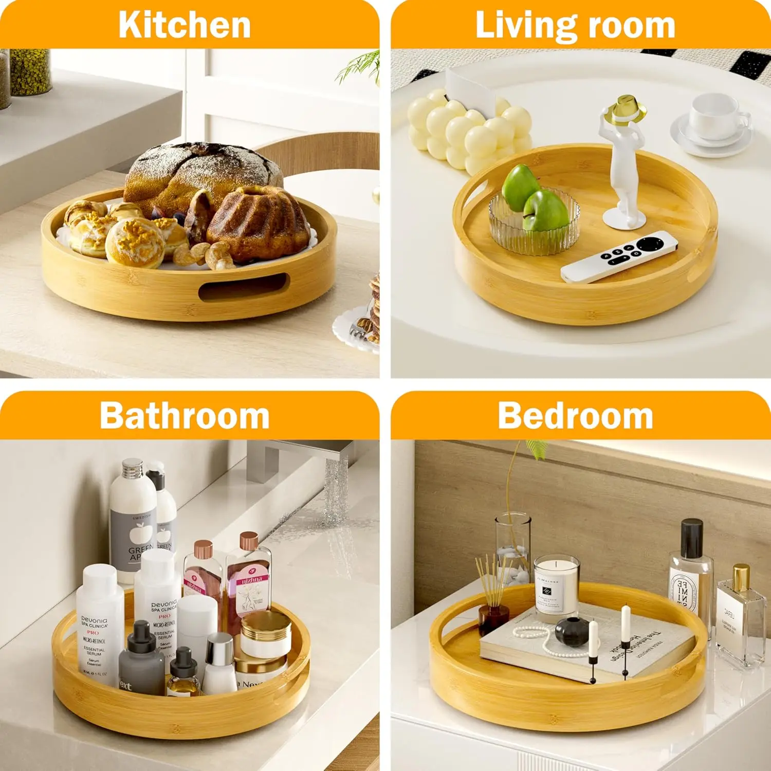 product bamboo lazy susan organizer non skid kitchen rotating spice rack wood turntable kitchen cabinet storage shelves-12
