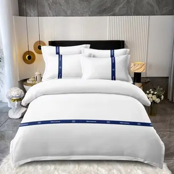 Four-piece set of high-end luxury hotel bedding Pure white three-piece set White satin striped ribbon quilt cover and bed sheet