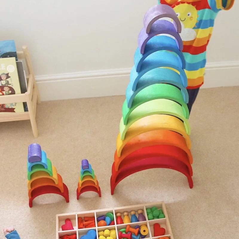 Children's Wooden Rainbow Building Blocks Solid Wood Montessori Rainbow Stacker Stacking Toys
