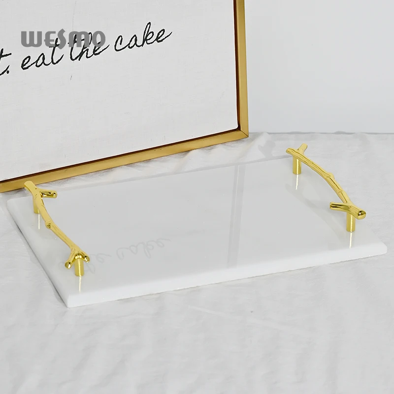 Modern Luxury Handcrafted Contemporary Marble Tray with Gold Finished Metal Handles Used for Coffee Table Decoration