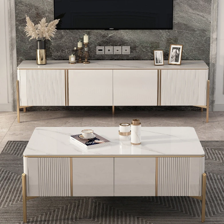 nordic light luxury tea table tv cabinet combination stainless steel living room simple  glass tea table tv cabinet