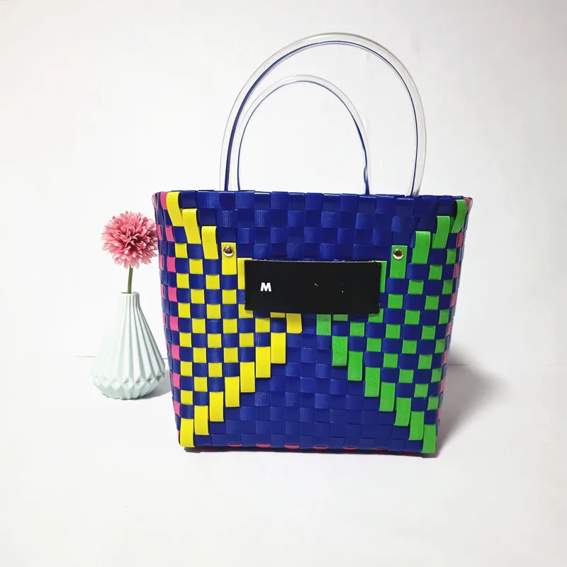 Environmentally friendly material pp belt hand-woven shopping bag beach bag patchwork color fashion