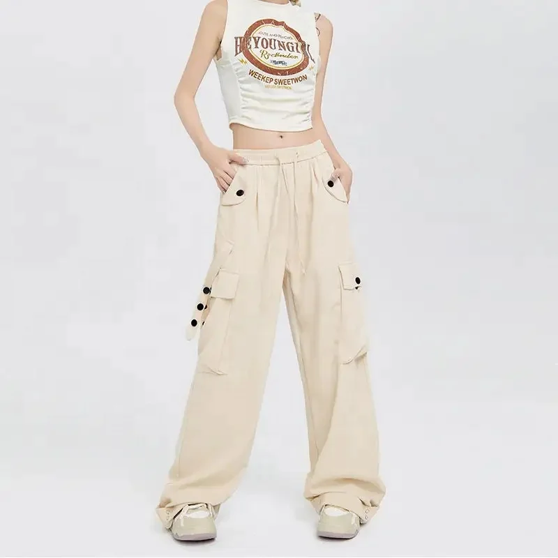 Womens Casual Loose Pants Comfy Cropped Work Pants with Pockets Elastic High Waist Paper Bag Pants