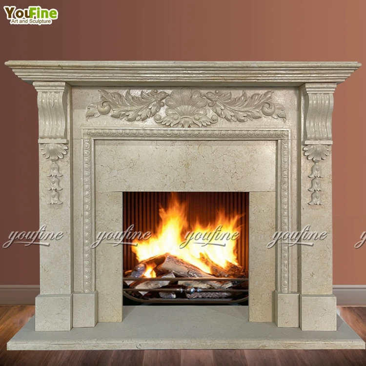 Classic European Style Hand Carved Beige Marble Fireplace