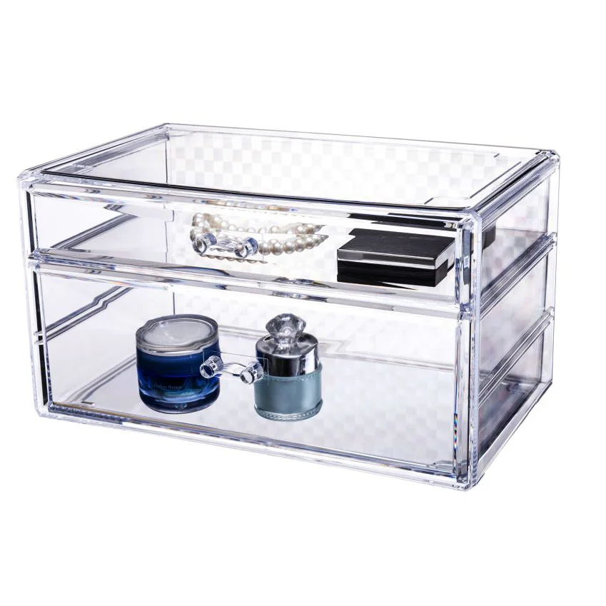 Makeup Organizer Acrylic Jewelry Storage Box Organizer Stackable with 2 Drawers Acrylic Cosmetics Organiser Lotion Desktop Clear
