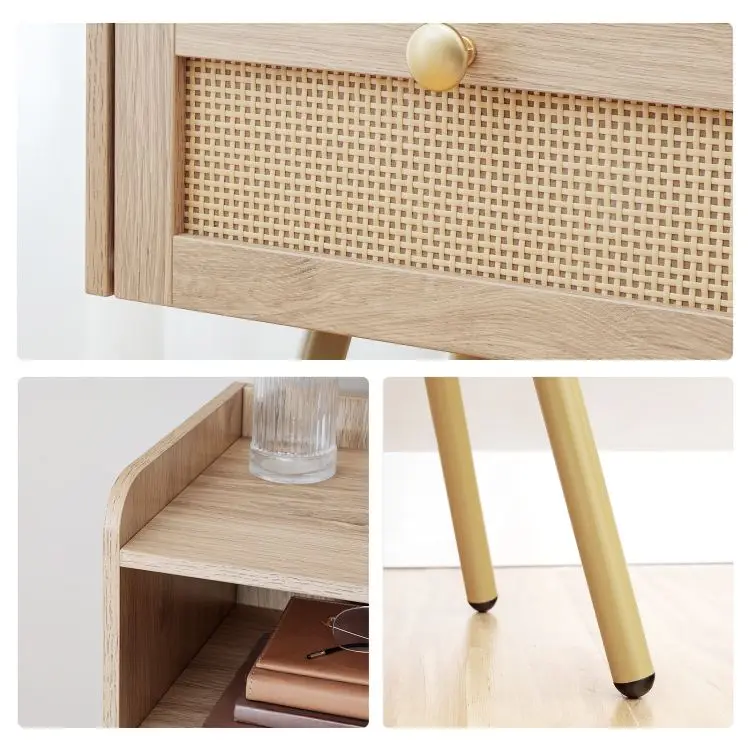 Modern Rattan 1 Drawer Beige Bedside Table Bedroom Furniture Wooden Nightstand Bedside Cabinet With Charging Station Usb Ports