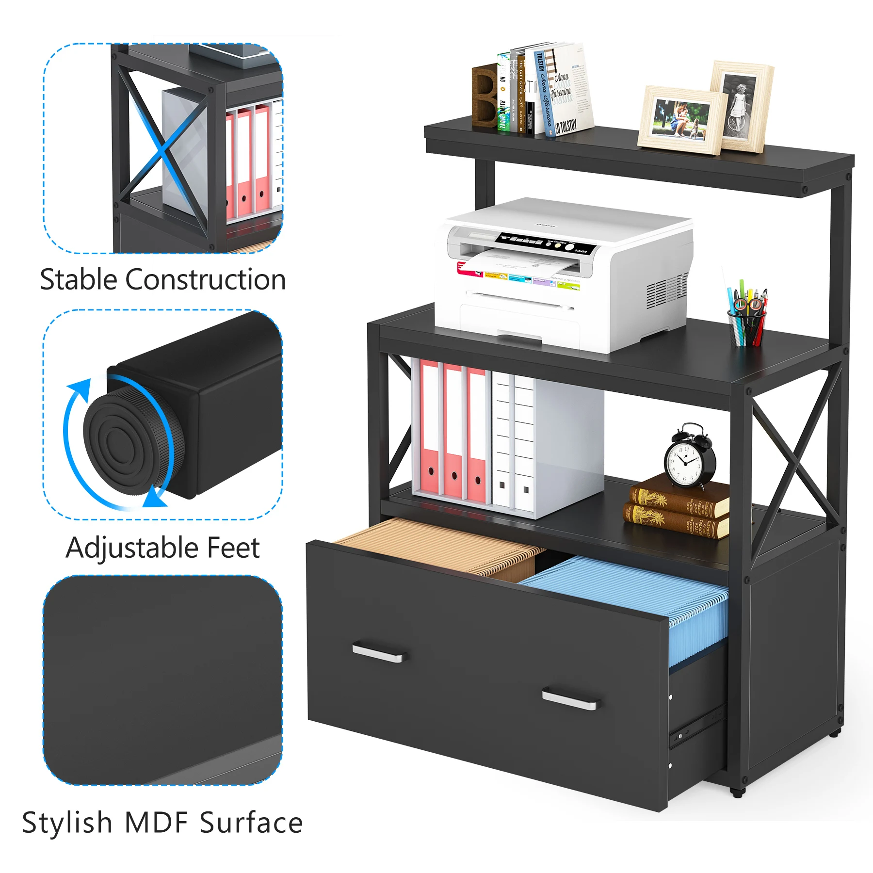 Tribesigns Modern Filing Cabinet with Drawer Metal Printer Stand with Open Storage Shelves for Home Office