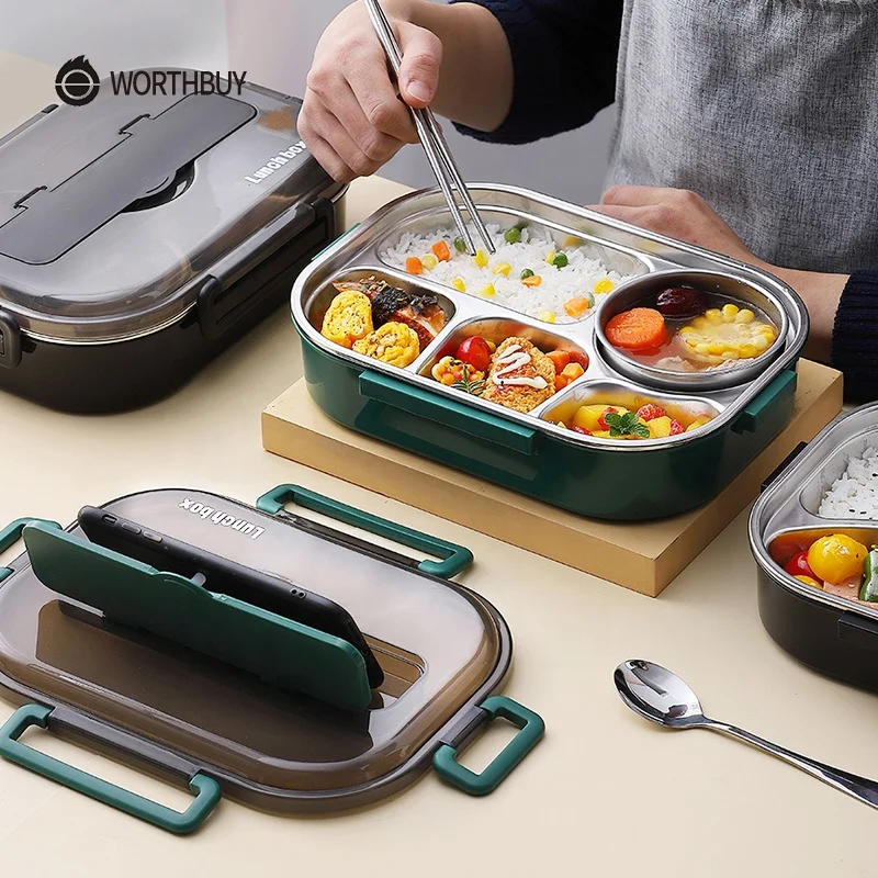 Portable Bento Box for Kids Black Stainless Steel Lunch Box with 4 Compartments