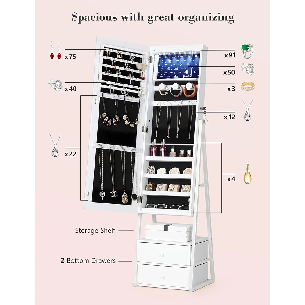 2 Drawers Lockable White Jewelry Armoire with Full-Length Mirror Wood Jewelry Storage Cabinet for Living Room manufacture
