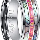 Opal Ring Popular Stainless Steel Inlay Jewelry Tungsten Steel Hawaiian KOA Wood Blue Opal 8MM Wedding Band Ring
