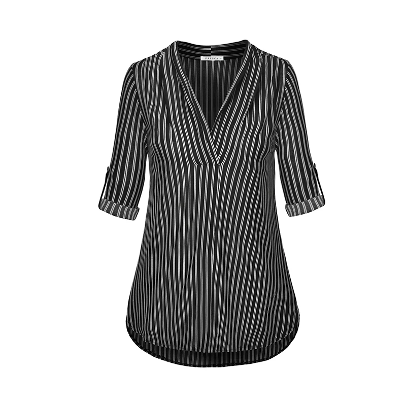 China clothing factory casual office dresses V neck roll up long sleeve curve pleated hem women blouse shirt