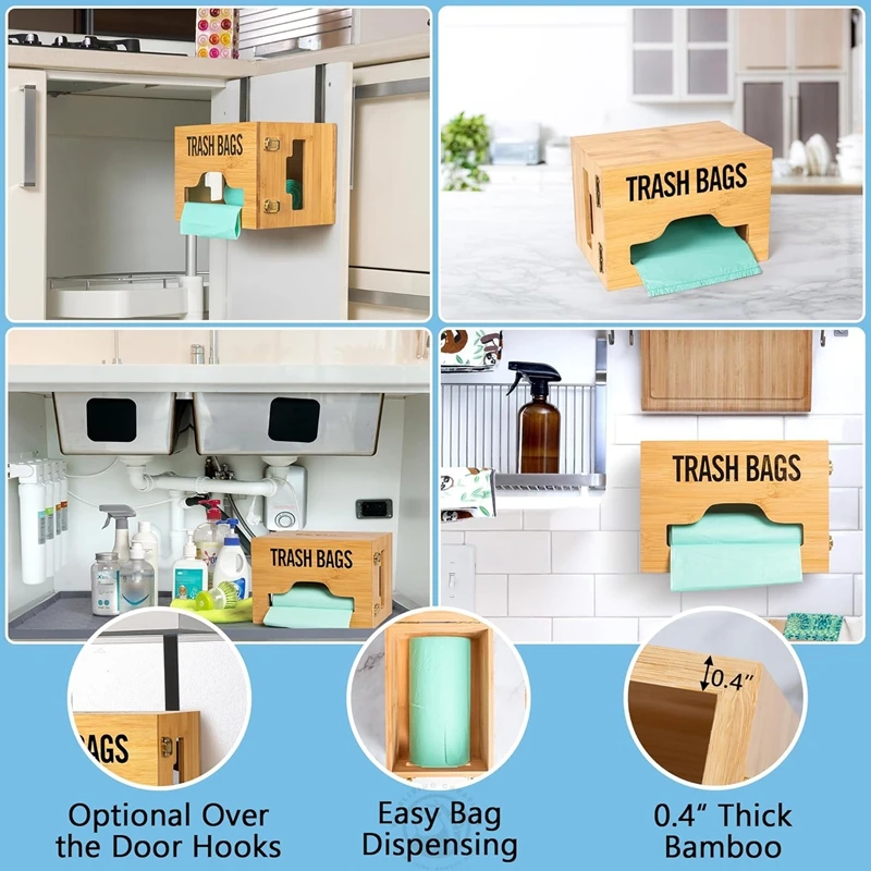 Under Sink  Over the Cabinet Door Extra Large Trash Bag Holder Dispenser with Labels Bamboo Garbage Bag Dispenser