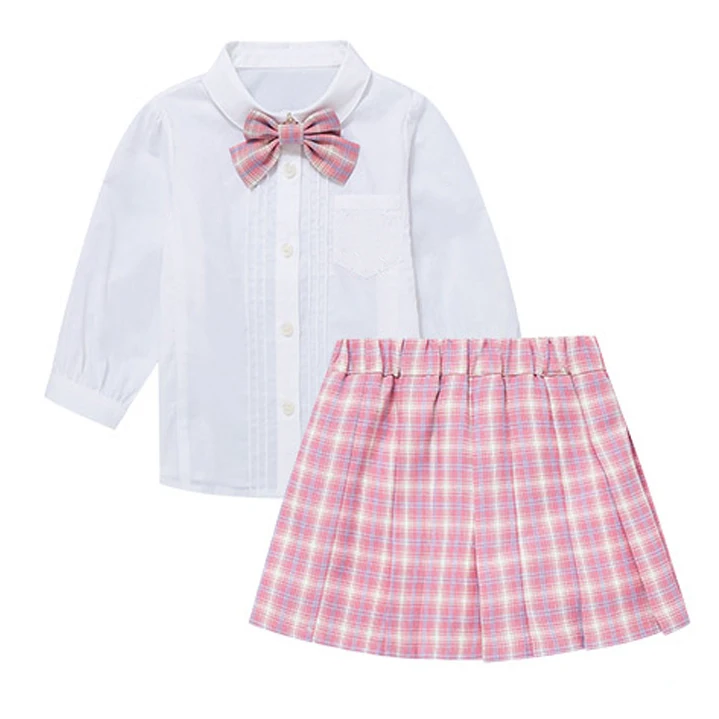 2023 New fashion Customized white shirt with bow+plaid skirt JK kid summer autumn clothing set little girls clothing set