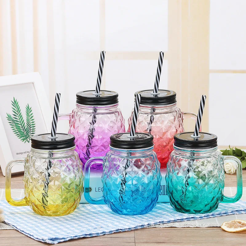 500ml 16oz Pineapple Shaped Glass Drinking Jar Mason Cups With Straw Glass Mason Jar With Handle