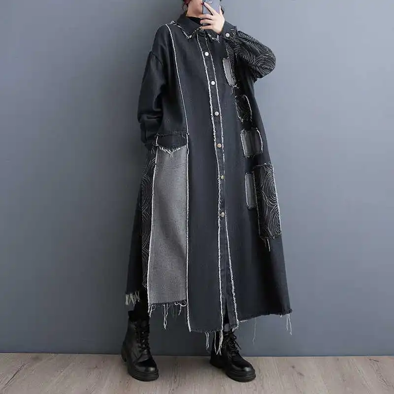 Boutique Wholesale 2025 Autumn New Loose Vintage Double Sided Washed Denim Craft Printed Spliced Women's Coats details