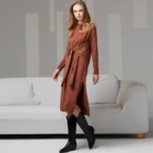 Long Sweater Dress Long Round Neck Sweater Classic Fashion Round Neck Long Sleeve Women Knit Sashes Long Sweater Dress