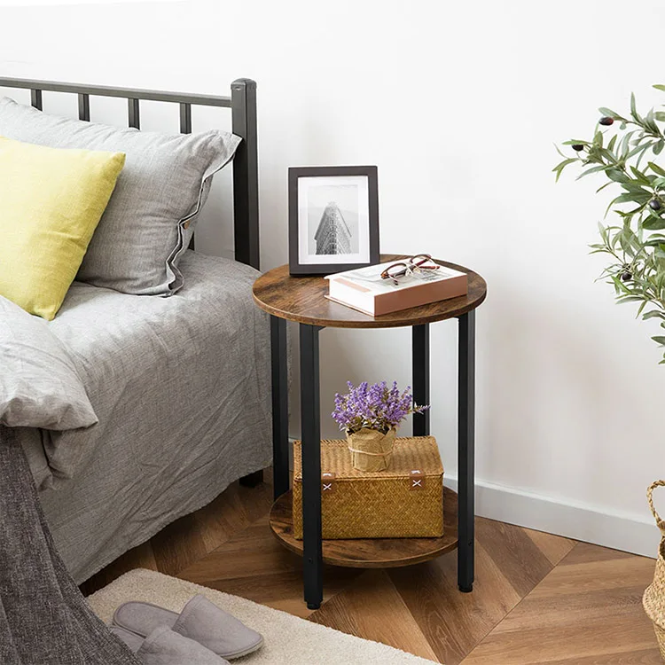 Wholesale Industrial Style Rustic Round Side End Table Round Accent Wooden Side Table Nightstand with Storage for Living Room