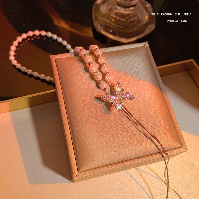 long tassel Butterfly necklace women 2022 year new trend light luxury wild pearl necklace Internet celebrity clavicle chain
