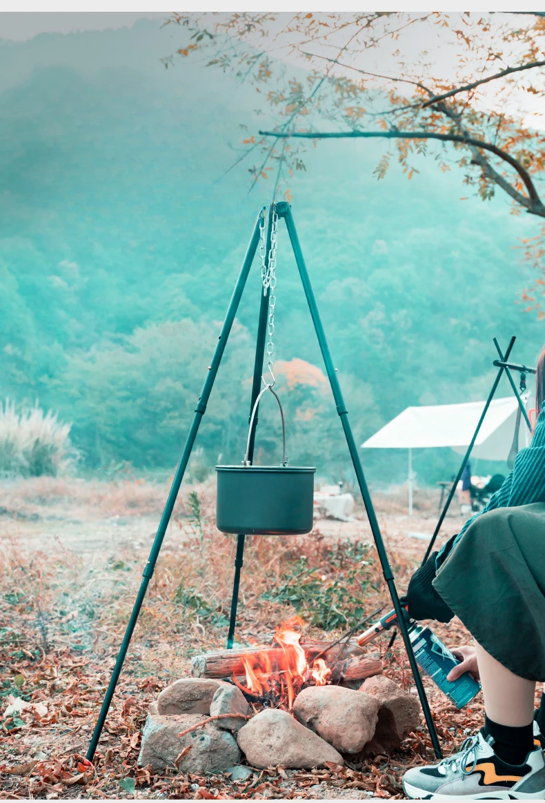 3 Sections Outdoor Camping Cooking Stand Durable Aluminum Alloy Tripod Hanging BBQ Grill for Campfire Picnic
